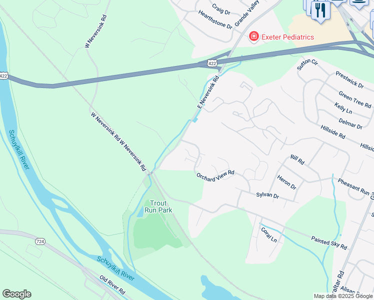 map of restaurants, bars, coffee shops, grocery stores, and more near 1400 Orchard View Road in Reading