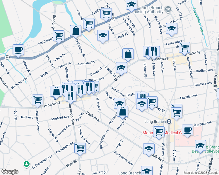 map of restaurants, bars, coffee shops, grocery stores, and more near 422 Morris Avenue in Long Branch