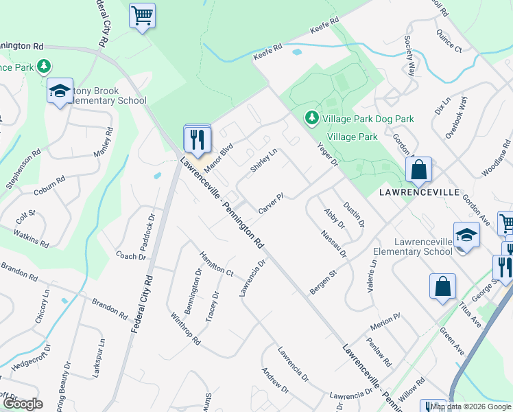 map of restaurants, bars, coffee shops, grocery stores, and more near A17 Carver Place in Lawrence Township