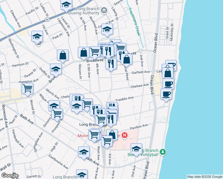 map of restaurants, bars, coffee shops, grocery stores, and more near 99 3rd Avenue in Long Branch