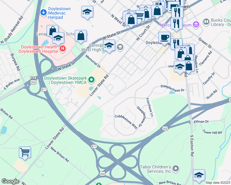map of restaurants, bars, coffee shops, grocery stores, and more near 3-10 Aspen Way in Doylestown
