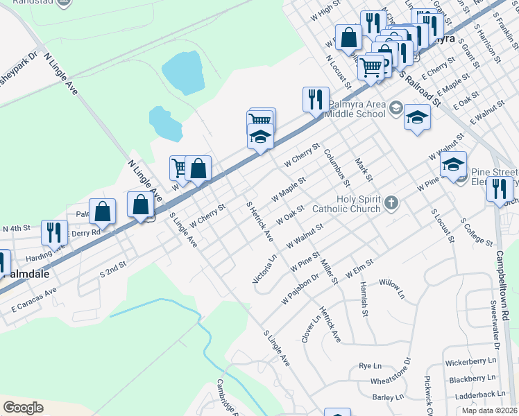 map of restaurants, bars, coffee shops, grocery stores, and more near 713 West Oak Street in Palmyra