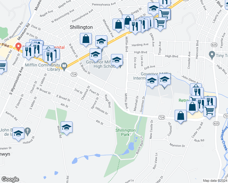 map of restaurants, bars, coffee shops, grocery stores, and more near 100 Gretchen Drive in Reading