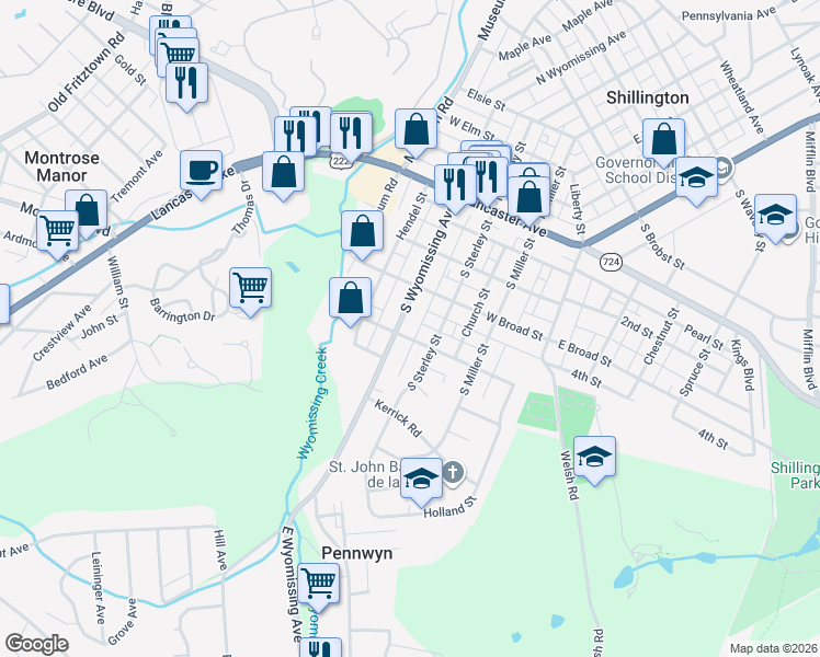 map of restaurants, bars, coffee shops, grocery stores, and more near 301 South Wyomissing Avenue in Shillington