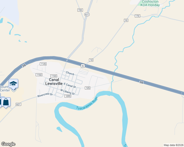 map of restaurants, bars, coffee shops, grocery stores, and more near 49308 Whiting Avenue in Coshocton