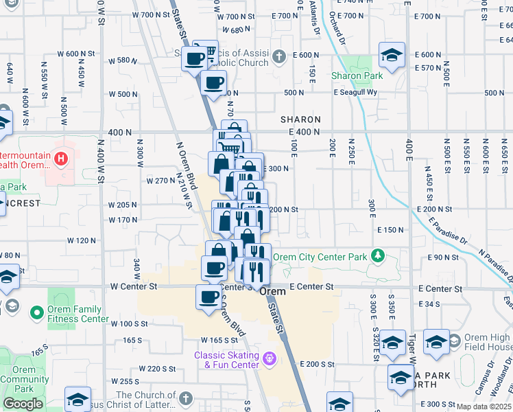 map of restaurants, bars, coffee shops, grocery stores, and more near 190 North State Street in Orem