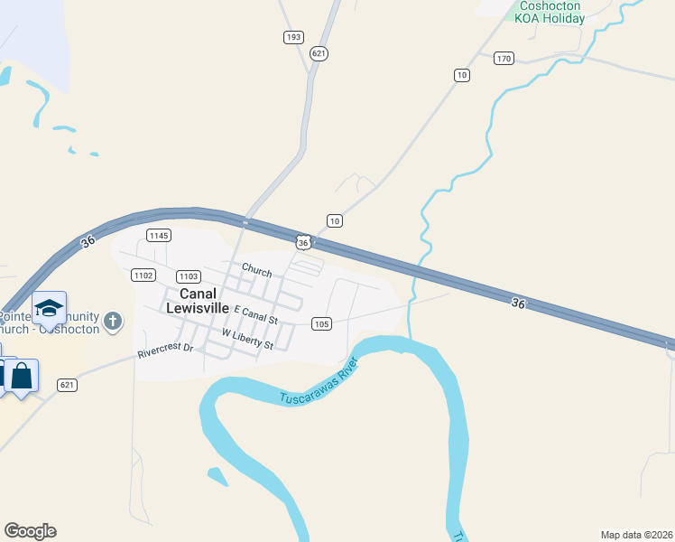 map of restaurants, bars, coffee shops, grocery stores, and more near 49308 Whiting Avenue in Coshocton