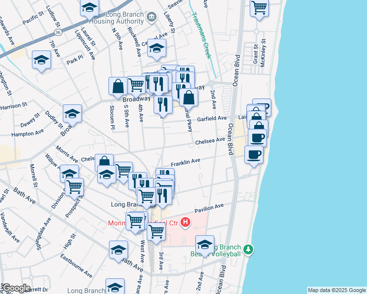 map of restaurants, bars, coffee shops, grocery stores, and more near 160 Chelsea Avenue in Long Branch