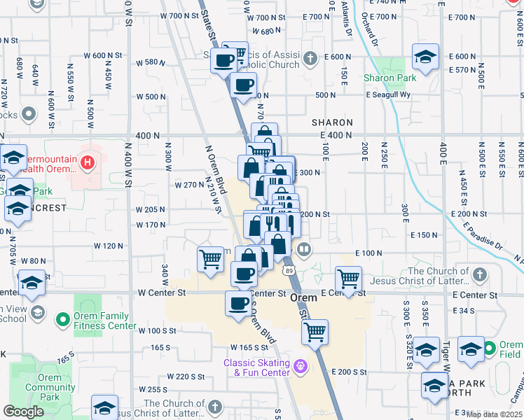 map of restaurants, bars, coffee shops, grocery stores, and more near 175 North State Street in Orem