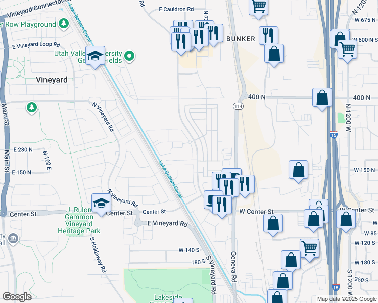 map of restaurants, bars, coffee shops, grocery stores, and more near 667 East 180 North in Vineyard