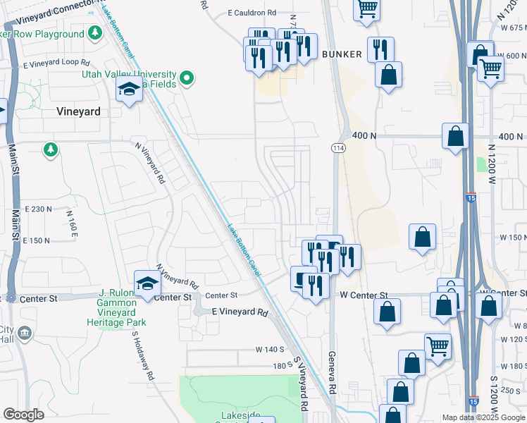 map of restaurants, bars, coffee shops, grocery stores, and more near 667 East 180 North in Vineyard