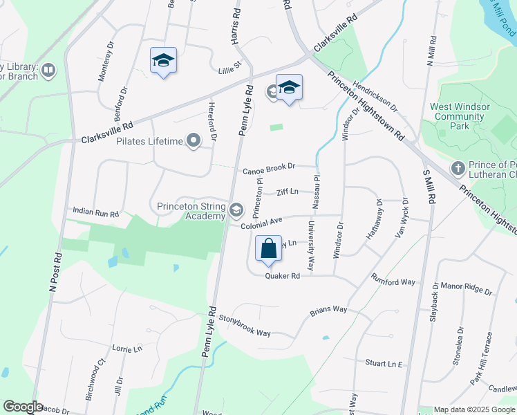 map of restaurants, bars, coffee shops, grocery stores, and more near 6 Colonial Avenue in West Windsor Township