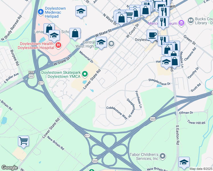 map of restaurants, bars, coffee shops, grocery stores, and more near 3 Aspen Way in Doylestown