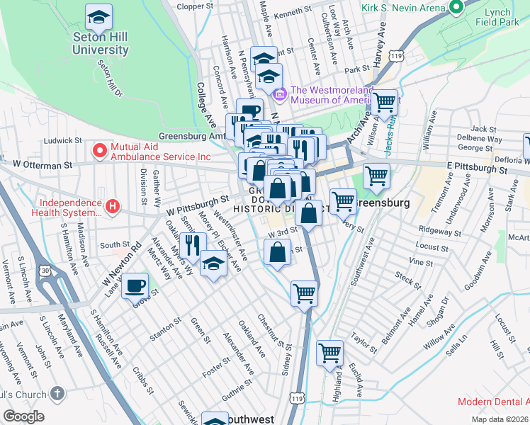 map of restaurants, bars, coffee shops, grocery stores, and more near 213 Vannear Avenue in Greensburg