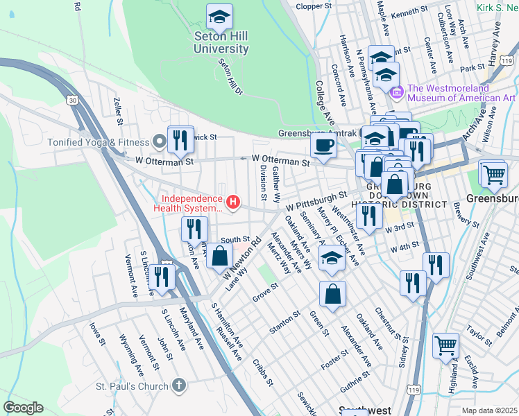 map of restaurants, bars, coffee shops, grocery stores, and more near 19 South Spring Avenue in Greensburg