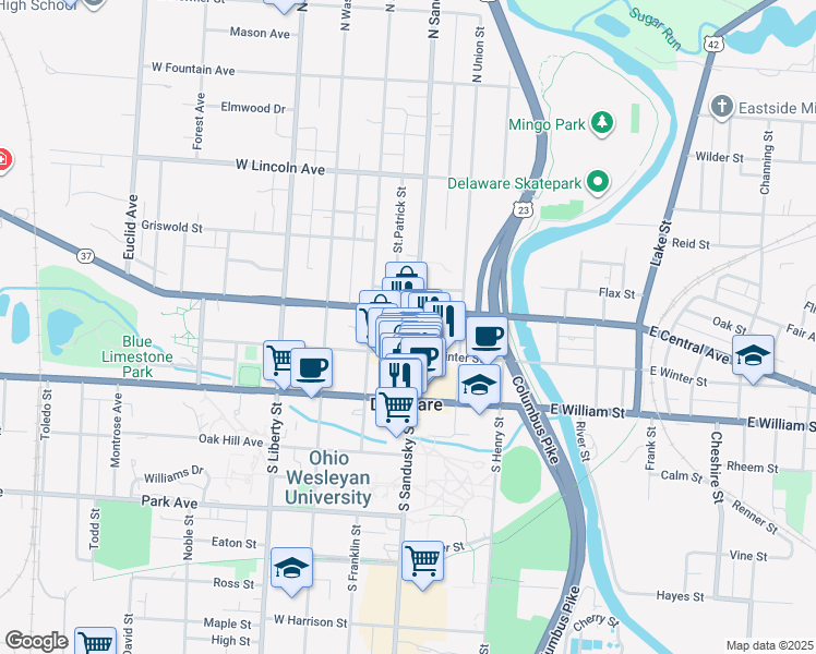 map of restaurants, bars, coffee shops, grocery stores, and more near 23 West Winter Street in Delaware