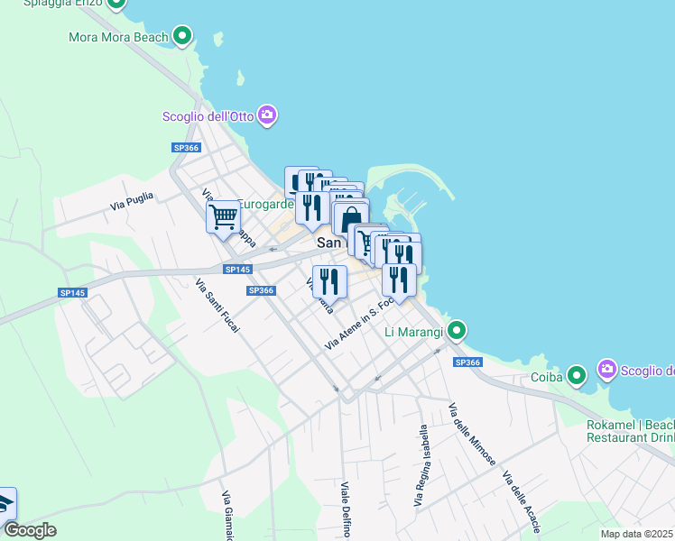 map of restaurants, bars, coffee shops, grocery stores, and more near 32 Via Ettore Fieramosca in San Foca