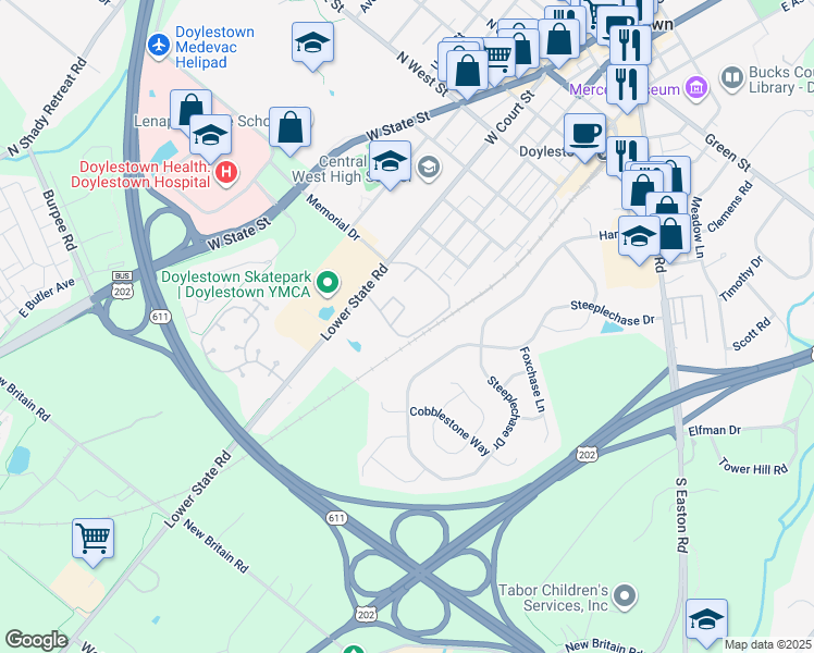 map of restaurants, bars, coffee shops, grocery stores, and more near 3 Aspen Way in Doylestown