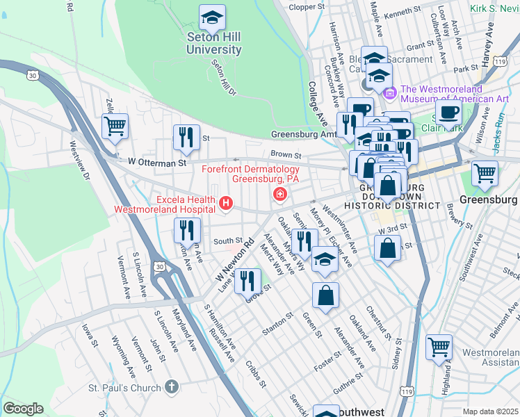map of restaurants, bars, coffee shops, grocery stores, and more near 447 West Pittsburgh Street in Greensburg