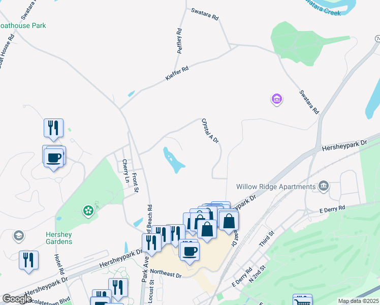 map of restaurants, bars, coffee shops, grocery stores, and more near 100 Crystal A Drive in Hershey