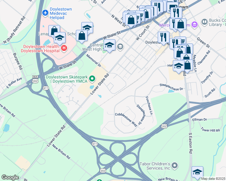 map of restaurants, bars, coffee shops, grocery stores, and more near 3 Aspen Way in Doylestown