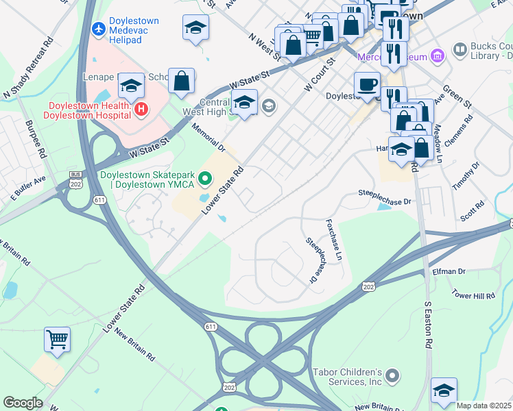 map of restaurants, bars, coffee shops, grocery stores, and more near 3 Aspen Way in Doylestown