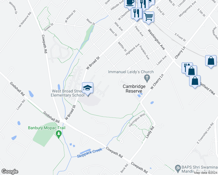 map of restaurants, bars, coffee shops, grocery stores, and more near 50 Cambridge Court in Souderton