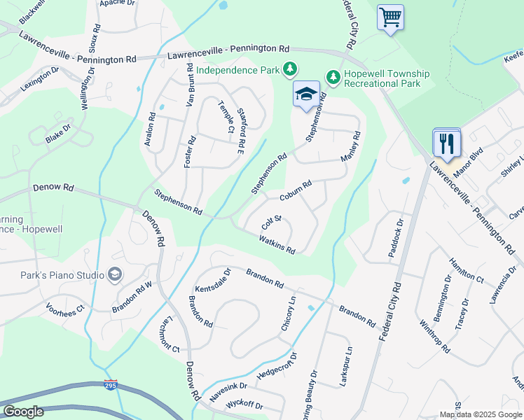 map of restaurants, bars, coffee shops, grocery stores, and more near 157 Coburn Road in Pennington