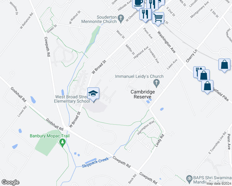 map of restaurants, bars, coffee shops, grocery stores, and more near 50 Cambridge Court in Souderton