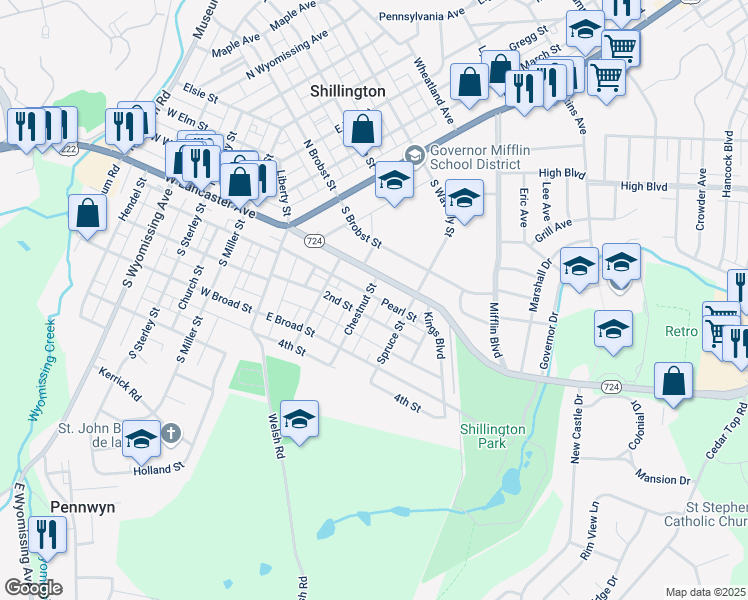 map of restaurants, bars, coffee shops, grocery stores, and more near 205 2nd Street in Shillington