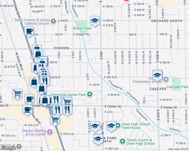 map of restaurants, bars, coffee shops, grocery stores, and more near 218 North 350 East in Orem