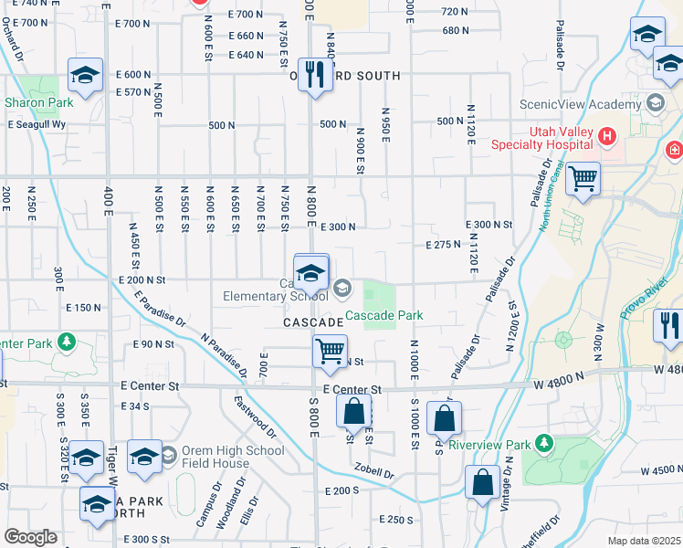 map of restaurants, bars, coffee shops, grocery stores, and more near 859 East 200 North Street in Orem