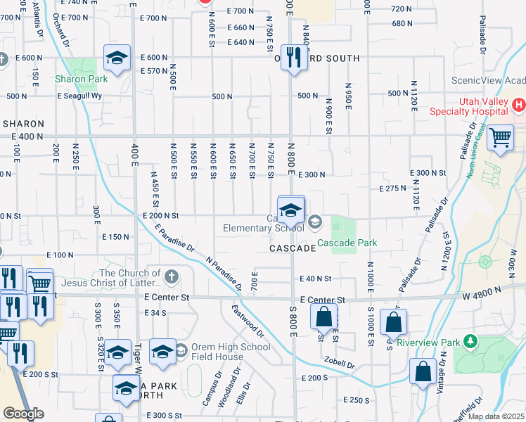 map of restaurants, bars, coffee shops, grocery stores, and more near 723 East 200 North in Orem