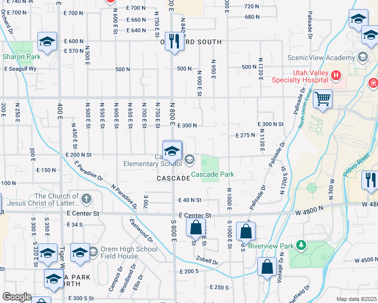 map of restaurants, bars, coffee shops, grocery stores, and more near 859 East 200 North Street in Orem