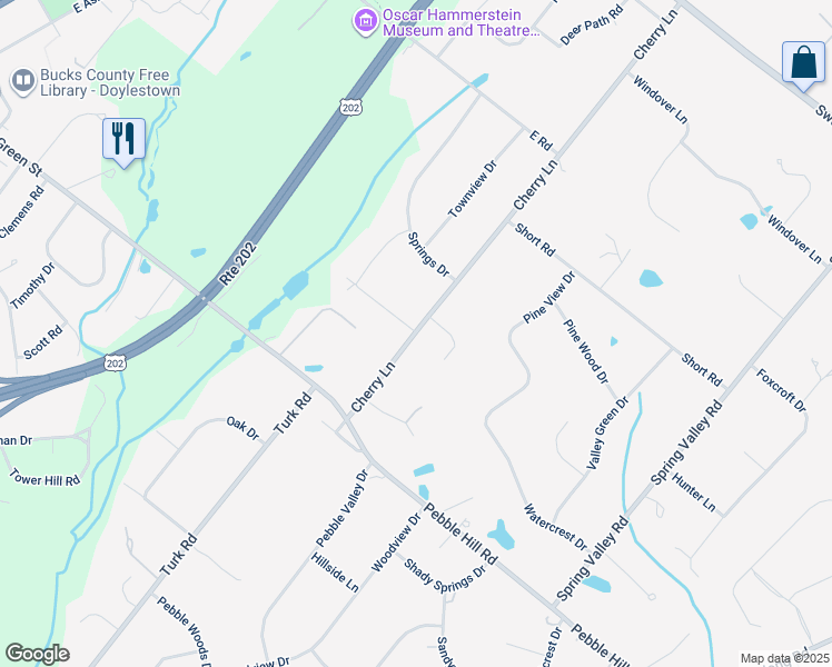 map of restaurants, bars, coffee shops, grocery stores, and more near 231 Cherry Lane in Doylestown