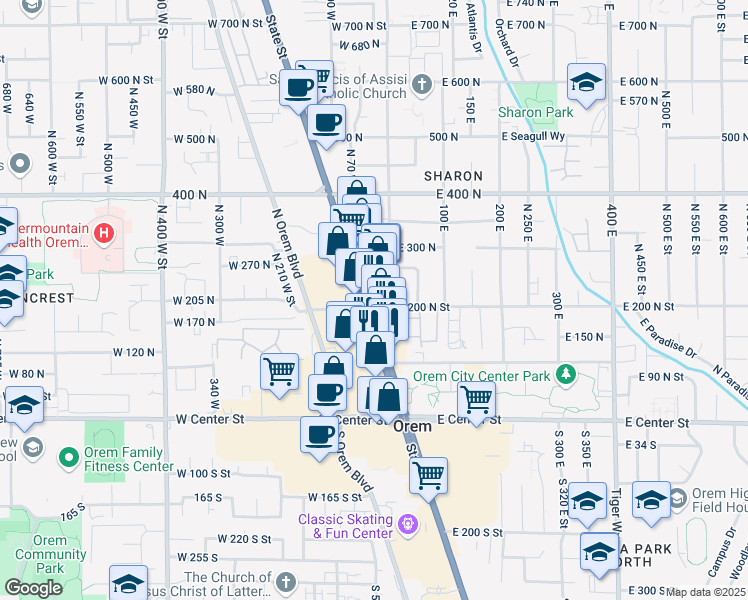 map of restaurants, bars, coffee shops, grocery stores, and more near 190 North State Street in Orem