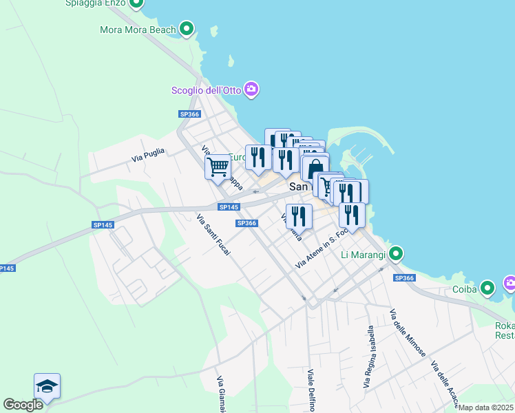 map of restaurants, bars, coffee shops, grocery stores, and more near 24 Via Pireo in San Foca