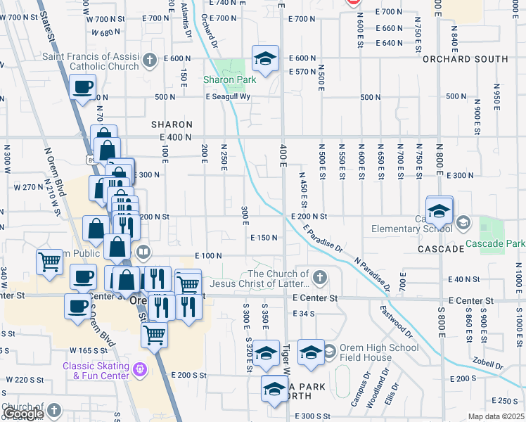 map of restaurants, bars, coffee shops, grocery stores, and more near 216 North 350 East in Orem