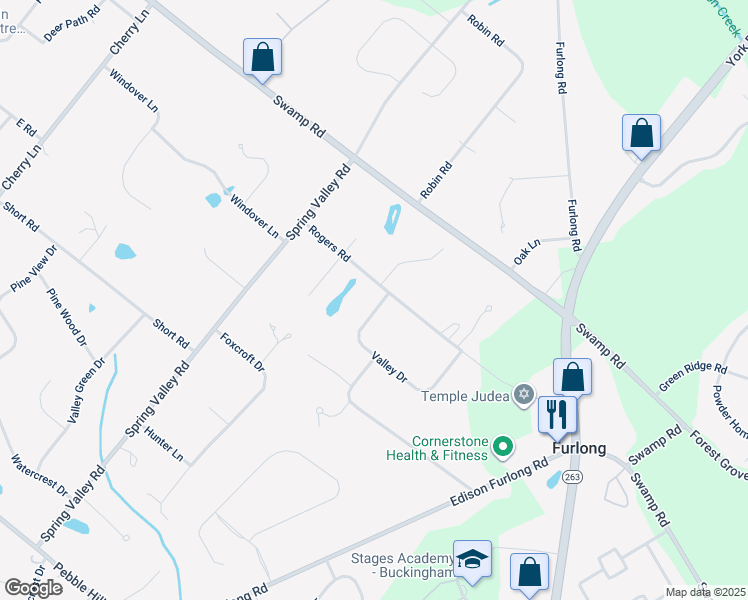 map of restaurants, bars, coffee shops, grocery stores, and more near 95 Valley Drive in Furlong