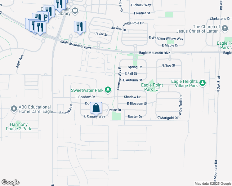 map of restaurants, bars, coffee shops, grocery stores, and more near 3717 Summer Way East in Eagle Mountain