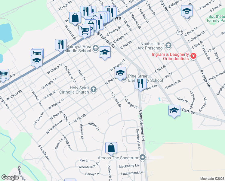 map of restaurants, bars, coffee shops, grocery stores, and more near 140 West Pajabon Drive in Palmyra