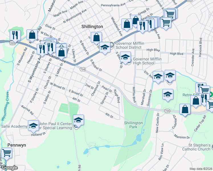 map of restaurants, bars, coffee shops, grocery stores, and more near 31 Spruce Street in Shillington