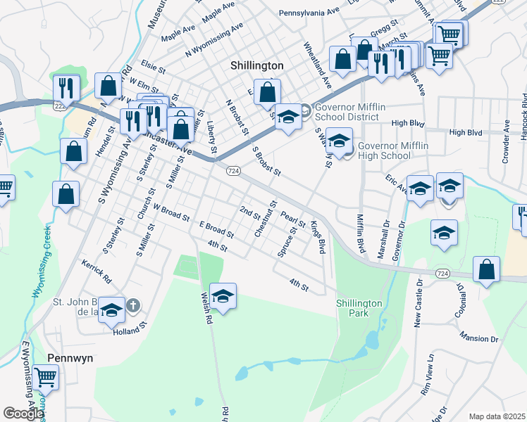 map of restaurants, bars, coffee shops, grocery stores, and more near 205 2nd Street in Shillington