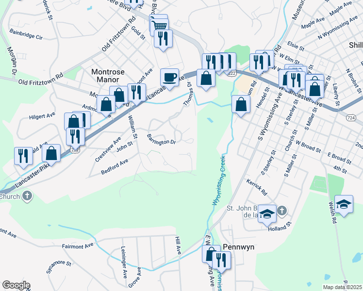 map of restaurants, bars, coffee shops, grocery stores, and more near 213 Barrington Drive in Reading