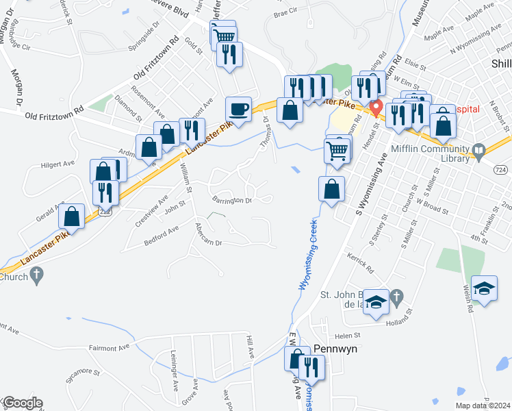 map of restaurants, bars, coffee shops, grocery stores, and more near 213 Barrington Drive in Reading