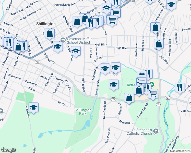 map of restaurants, bars, coffee shops, grocery stores, and more near 401 Governor Drive in Reading