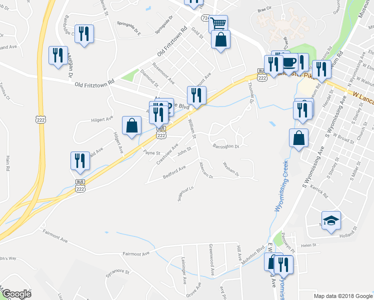 map of restaurants, bars, coffee shops, grocery stores, and more near John Street in Reading