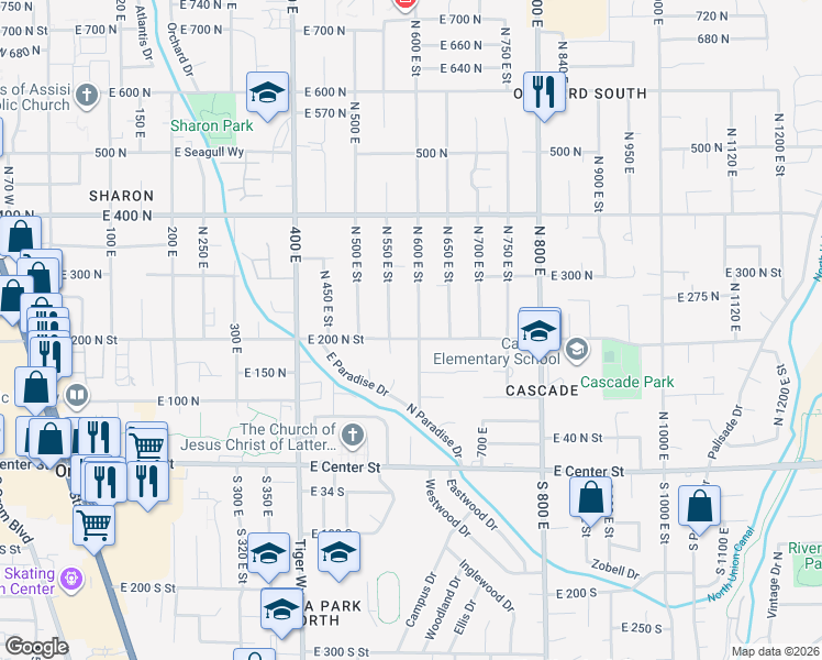map of restaurants, bars, coffee shops, grocery stores, and more near 612 East 200 North in Orem