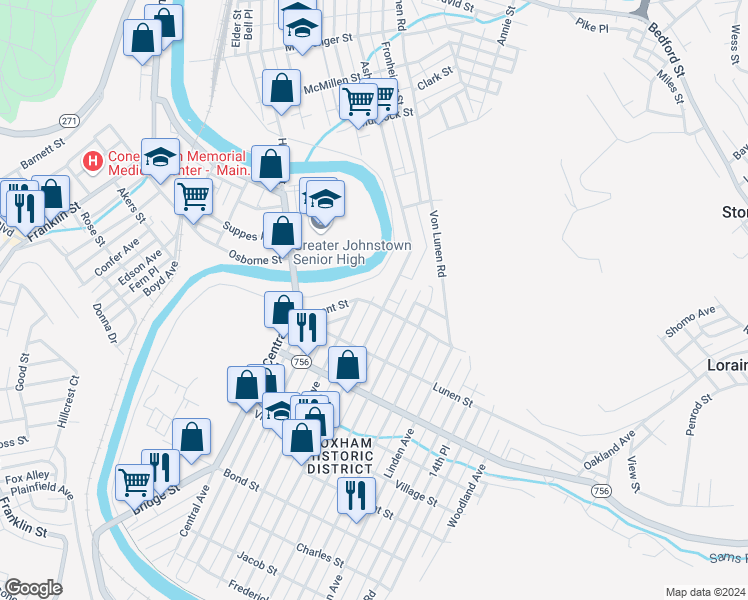 map of restaurants, bars, coffee shops, grocery stores, and more near 311 Grove Avenue in Johnstown