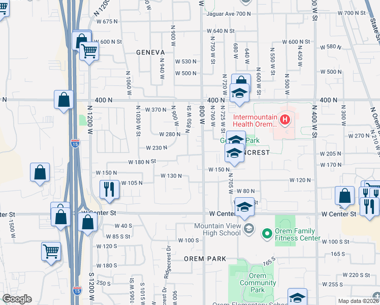 map of restaurants, bars, coffee shops, grocery stores, and more near 212 North 850 West in Orem